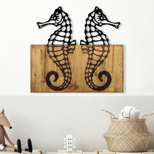 Decoratiune de perete, Seahorse, Metal/lemn, Dimensiune: 58 x 3 x 53 cm, Nuc / Negru imagine