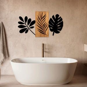 Decoratiune de perete, Leaves 3, 50% lemn/50% metal, 103 x 58 cm, Nuc / Negru imagine