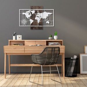 Decoratiune de perete, World Map Wıth Compass, 50% lemn/50% metal, Dimensiune: 85 x 58 cm, Nuc / Argint imagine