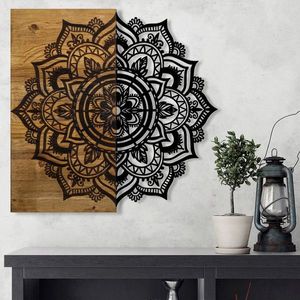 Decoratiune de perete, Mandala 6, Metal/lemn, Dimensiune: 59 x 3 x 58 cm, Nuc / Negru imagine