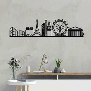 Decoratiune de perete, European Cities Skyline, Metal, Dimensiune: 120 x 29 cm, Negru imagine