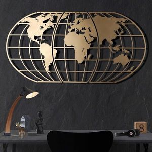 Decoratiune de perete, World Map Globe, Metal, Dimensiune: 60 x 120 cm, Auriu imagine