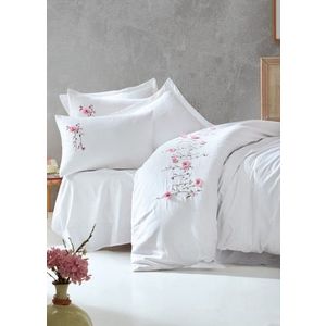 Lenjerie de pat dubla King Size, Cotton Box, Perla White, 6 piese, 240x260 cm, bumbac satinat, alb cu broderie imagine