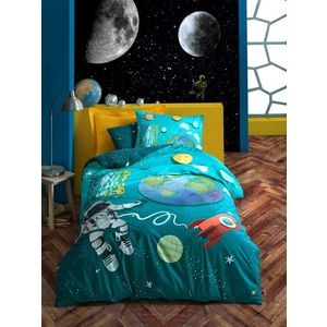 Lenjerie de pat pentru o persoana Little Astronaut - Turquoise, Cotton Box, 3 piese, bumbac ranforce, turcoaz imagine