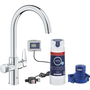 Baterie bucatarie Grohe Blue Pure BauCurve cu sistem filtrare Ultrasafe starter kit crom imagine