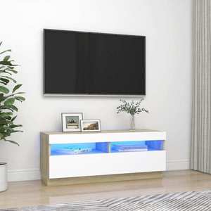 vidaXL Comodă TV cu lumini LED, alb și stejar sonoma, 100x35x40 cm imagine