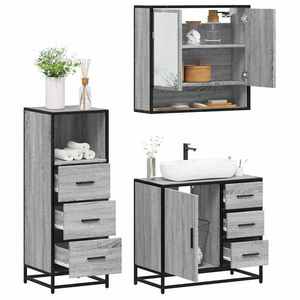 vidaXL Set mobilier de baie, 3 piese, gri sonoma, lemn prelucrat imagine