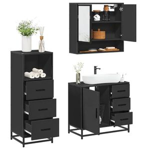 vidaXL Set mobilier de baie, 3 piese, negru, lemn compozit imagine