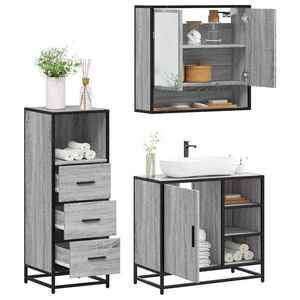 vidaXL Set mobilier de baie, 3 piese, gri sonoma, lemn prelucrat imagine