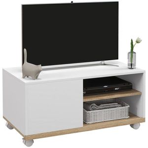 HOMCOM Dulap TV 42" Max cu 2 Rafturi deschise si Usa, Dulap TV Jos din PAL cu Roti, 80x45x39.5 cm, Alb | Aosom Romania imagine