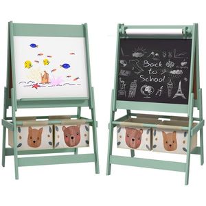 Tablă pentru copii 3 în 1 AIYAPLAY cu 2 containere, șevalet de artă din lemn pentru copii 3-8 ani, 54x46, 5x93cm, de culoare verde | Aosom Romania imagine