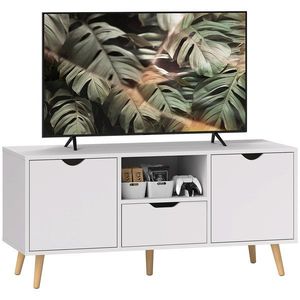 HOMCOM Mobilier TV de 50" cu Sertar, Raft Deschis și 2 Dulapuri, Mobilier TV cu 5 Picioare din Lemn, 110x40x50 cm, Alb | Aosom Romania imagine