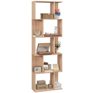 HOMCOM Bibliotecă cu 5 Rafturi Separate cu Spațiu de Economisire în Formă de S din Lemn, 60x24x184, 5 cm, Lemn Natural | Aosom Romania imagine