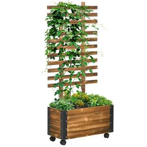 Outsunny Jardiniera cu Spalier pentru Plante Agatatoare si Roti, Jardiniera din Lemn de Brad cu Design Autodrenant, 65x31x147 cm, Maro Carbonizat imagine