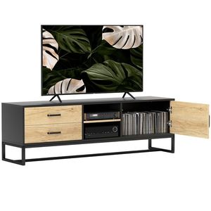 HOMCOM Mobilier pentru TV de 60" cu Dulăpior, 2 Sertare și Rafturi Deschise Reglabile, 140x35x45 cm, Lemn Natural | Aosom Romania imagine