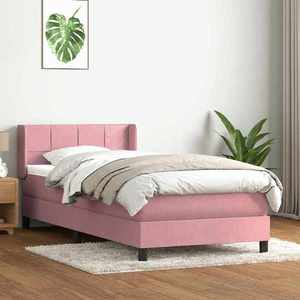 vidaXL Pat box spring cu saltea, roz, 90x220 cm, catifea imagine