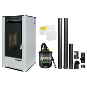 Pachet complet pentru incalzire Semineu (Soba) pe Peleti cu aer cald Fornello Air SmartPell 11 KW, culoare White, termostat ambiental, aspirator de cenusa si kit de evacuare 2, 5 metri imagine