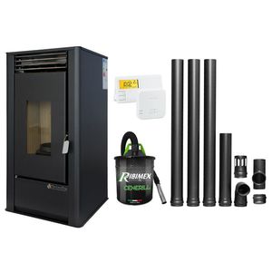 Pachet complet pentru incalzire Semineu (Soba) pe Peleti cu aer cald Fornello Air SmartPell 11 KW, culoare Black, termostat ambiental, aspirator de cenusa si kit de evacuare 3, 5 metri imagine