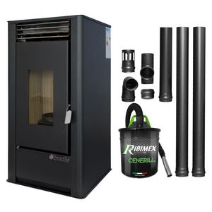 Pachet pentru incalzire Semineu (Soba) pe Peleti cu aer cald Fornello Air SmartPell 11 KW, culoare Black, aspirator de cenusa si kit de evacuare 2, 5 metri imagine