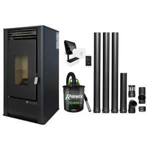 Pachet complet pentru incalzire cu control de la distanta format din Semineu (Soba) pe Peleti cu aer cald Fornello Air SmartPell 11 KW, culoare Black, termostat ambiental Salus IT 500, aspirator de cenusa si kit de evacuare 3, 5 metri imagine