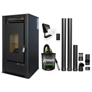 Pachet complet pentru incalzire cu control de la distanta format din Semineu (Soba) pe Peleti cu aer cald Fornello Air SmartPell 11 KW, culoare Black, termostat ambiental Salus IT 500, aspirator de cenusa si kit de evacuare 2, 5 metri imagine