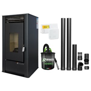 Pachet complet pentru incalzire Semineu (Soba) pe Peleti cu aer cald Fornello Air SmartPell 11 KW, culoare Black, termostat ambiental, aspirator de cenusa si kit de evacuare 2, 5 metri imagine