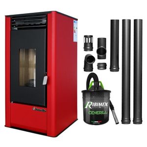 Pachet pentru incalzire Semineu (Soba) pe Peleti cu aer cald Fornello Air SmartPell 11 KW, culoare Bordeaux, aspirator de cenusa si kit de evacuare 2, 5 metri imagine