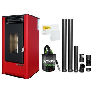 Pachet complet pentru incalzire Semineu (Soba) pe Peleti cu aer cald Fornello Air SmartPell 11 KW, culoare Bordeaux, termostat ambiental, aspirator de cenusa si kit de evacuare 2, 5 metri imagine