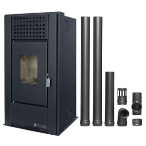 Pachet pentru incalzire Semineu (Soba) pe Peleti cu aer cald Fornello Magnesia 9 KW, culoare Black si kit evacuare 2, 5 metri imagine