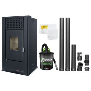 Pachet complet pentru incalzire Semineu (Soba) pe Peleti cu aer cald Fornello Magnesia 9 KW, culoare Black, termostat ambiental, aspirator de cenusa si kit de evacuare 2, 5 metri imagine