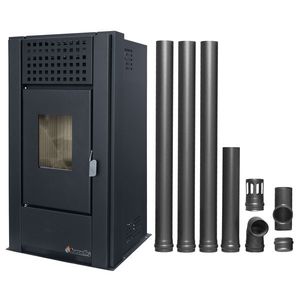 Pachet pentru incalzire Semineu (Soba) pe Peleti cu aer cald Fornello Magnesia 9 KW, culoare Black si kit evacuare 3, 5 metri imagine