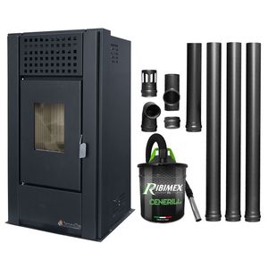 Pachet pentru incalzire Semineu (Soba) pe Peleti cu aer cald Fornello Magnesia 9 KW, culoare Black, aspirator de cenusa si kit de evacuare 3, 5 metri imagine