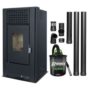 Pachet pentru incalzire Semineu (Soba) pe Peleti cu aer cald Fornello Magnesia 9 KW, culoare Black, aspirator de cenusa si kit de evacuare 2, 5 metri imagine