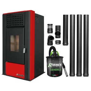 Pachet pentru incalzire Semineu (Soba) pe Peleti cu aer cald Fornello Magnesia 9 KW, culoare Bordeaux, aspirator de cenusa si kit de evacuare 3, 5 metri imagine