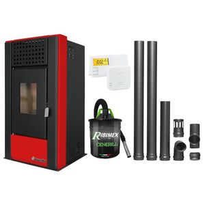 Pachet complet pentru incalzire Semineu (Soba) pe Peleti cu aer cald Fornello Magnesia 9 KW, culoare Bordeaux, termostat ambiental, aspirator de cenusa si kit de evacuare 2, 5 metri imagine