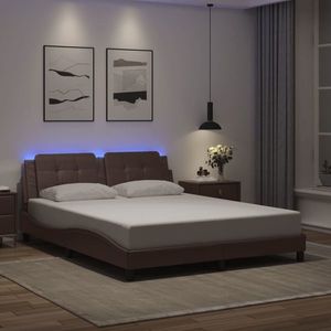 vidaXL Cadru de pat cu lumini LED, maro, 160x200 cm, piele ecologică imagine