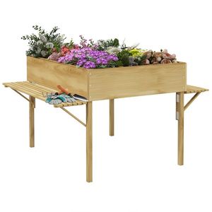 Outsunny Strat de Grădină Înălțat cu 12 Grile, Jardinieră Înălțată din Lemn cu Rafturi Laterale Pliabile, 122x91, 5x89 cm, Lemn Natural | Aosom Romania imagine