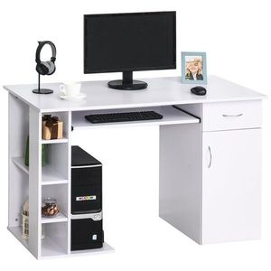 HOMCOM Birou pentru PC, Ergonomic, cu Rafturi, Dulap, Sertar și Suport pentru Tastatură Extensibilă, 120x60x74 cm, Alb | Aosom Romania imagine