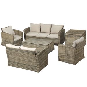 Outsunny Set Mobilier de Grădină 6 Piese, Canapea, 2 Fotolii, Ratan Bej, Confortabil pentru 7 Persoane, Design Modern | Aosom Romania imagine