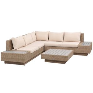 Outsunny Set Living de Gradina din Rattan, 4 Piese, Coltar pentru Exterior cu Perne, Masute Laterale si Masuta de Cafea, Maro Deschis | Aosom Romania imagine