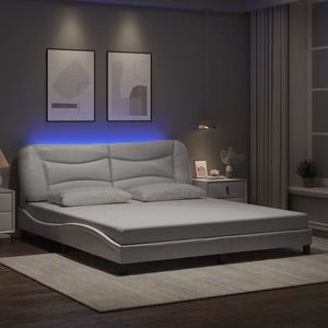 vidaXL Cadru de pat cu lumini LED, alb, 180x200 cm, piele ecologică imagine