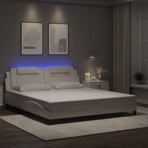 vidaXL Cadru de pat cu lumini LED, alb, 180x200 cm, piele ecologică imagine