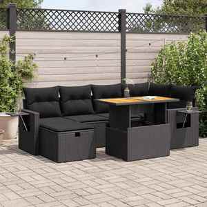 vidaXL Set mobilier grădină perne 8 piese negru, poliratan/lemn acacia imagine