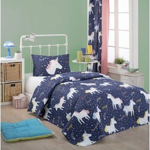 Set cuvertura matlasata Single 160x220 cm, 2 piese, Magic Unicorn - Dark Blue, Eponj Home, 65% bumbac/35% poliester imagine