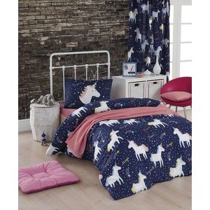 Lenjerie de pat pentru o persoana, Magic Unicorn - Dark Blue, Eponj Home, 65% bumbac/35% poliester imagine