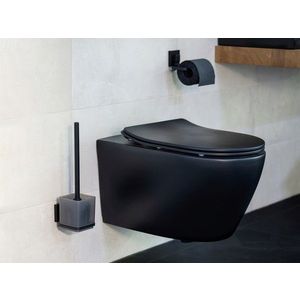 Perie pentru toaleta cu suport Quadro Black, Wenko, 9.5x12.5x37 cm, inox/ABS/polistiren, negru imagine