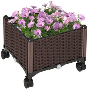 Outsunny Jardinieră Mobilă Exterior din Plastic, cu 4 Roți, Ușor de Mutat, Maro | Aosom Romania imagine