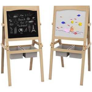 AIYAPLAY Sevalet Creativ 3 în 1 pentru Copii, cu Rola de Hârtie, Tablă pentru Creion și Cretă, Educațional, Lemn Natural, 3-6 Ani | Aosom Romania imagine