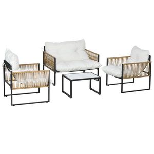 Outsunny Set Mobilier de Grădină din Ratan cu Canapea, Fotolii cu Perne și Măsuță cu Blat de Sticlă, 106x70x72 cm, Alb Crem | Aosom Romania imagine