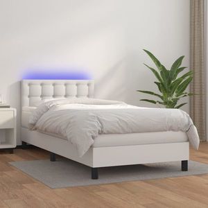 vidaXL Pat cu arcuri, cu saltea & LED, alb, 90x190 cm, piele ecologică imagine